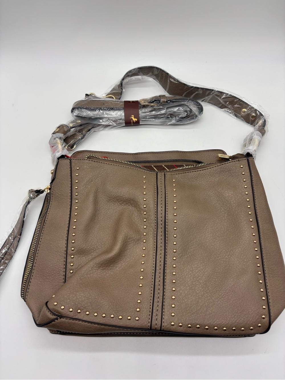 Montana West khaki Studded Faux Leather Shoulder Bag Zip Detachable Strap